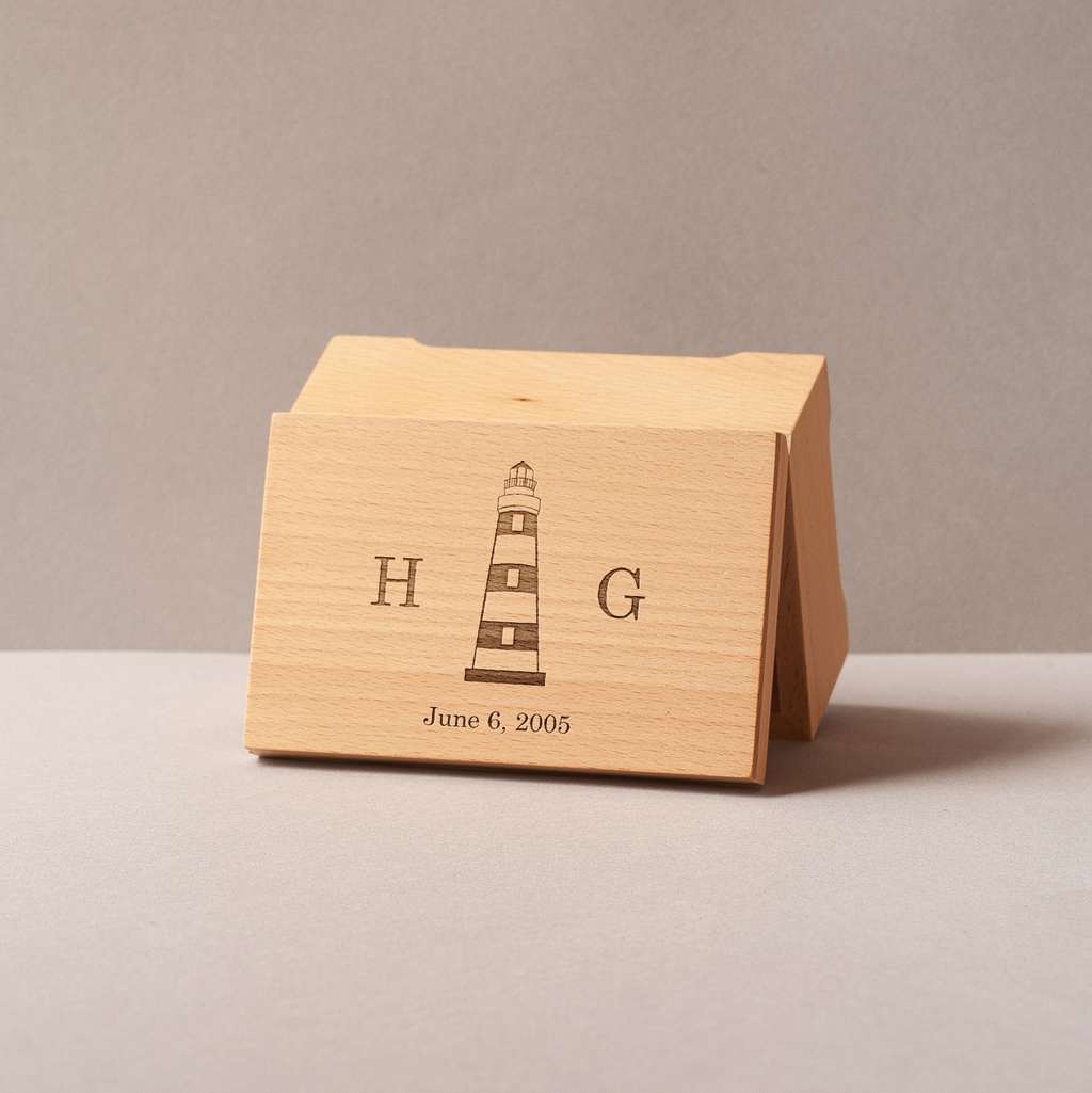 Light colour music box with a lighthouse, your initials and date