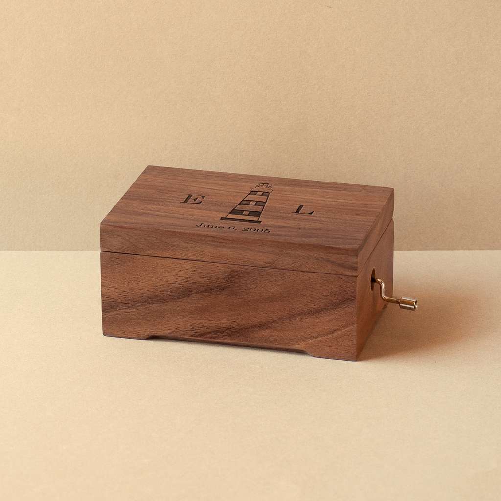 Music box with a lighthouse engraved and your initials and date