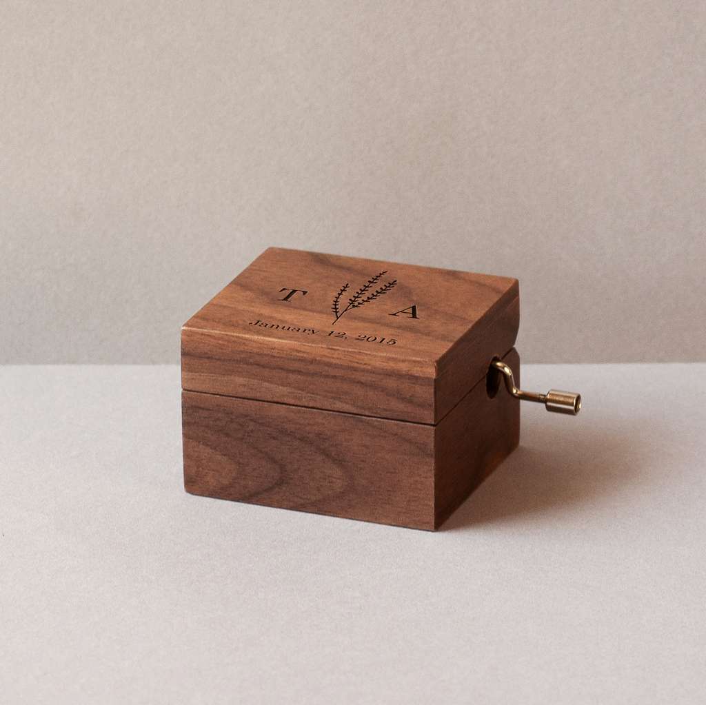Small walnut music box plant and initials