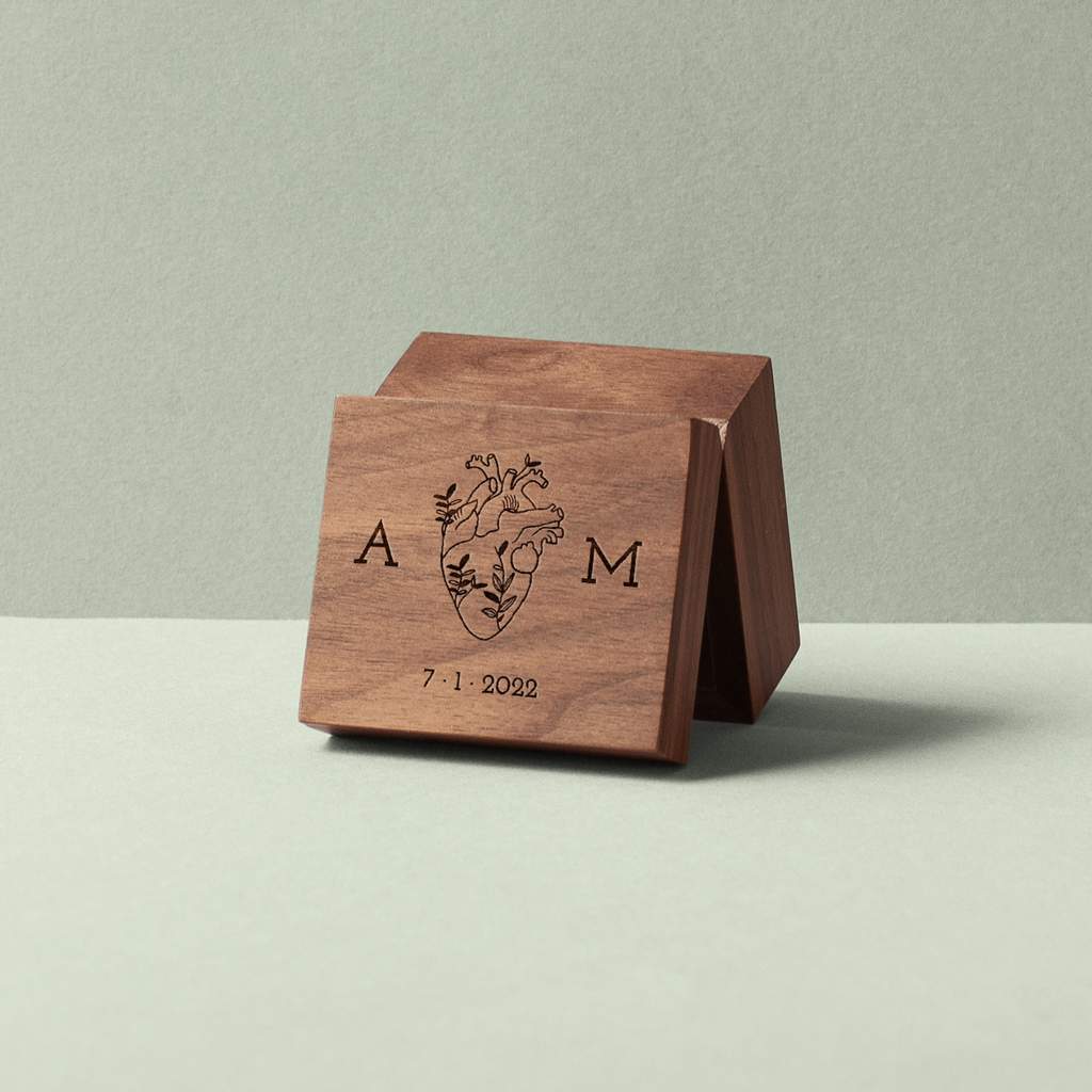 Walnut wooden music box with heart & plants