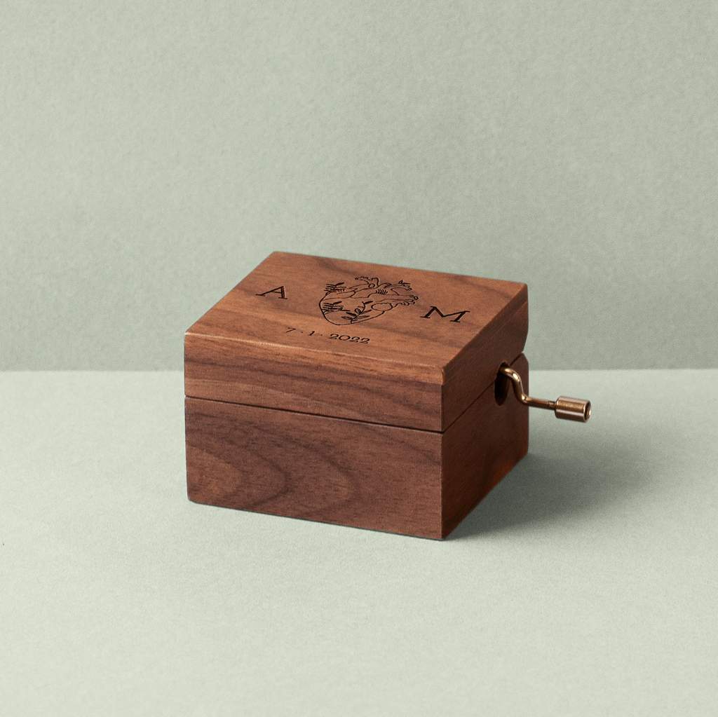 Walnut wooden music box with heart & plants