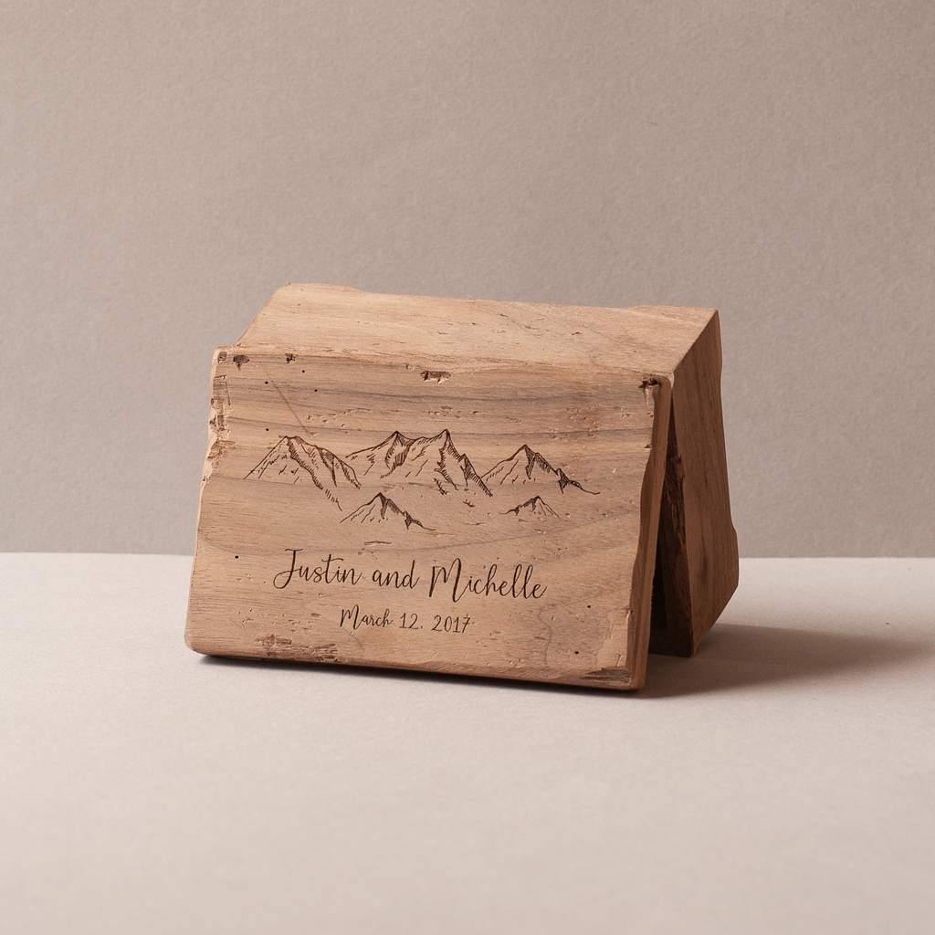Medium size music box with mountains and a custom text